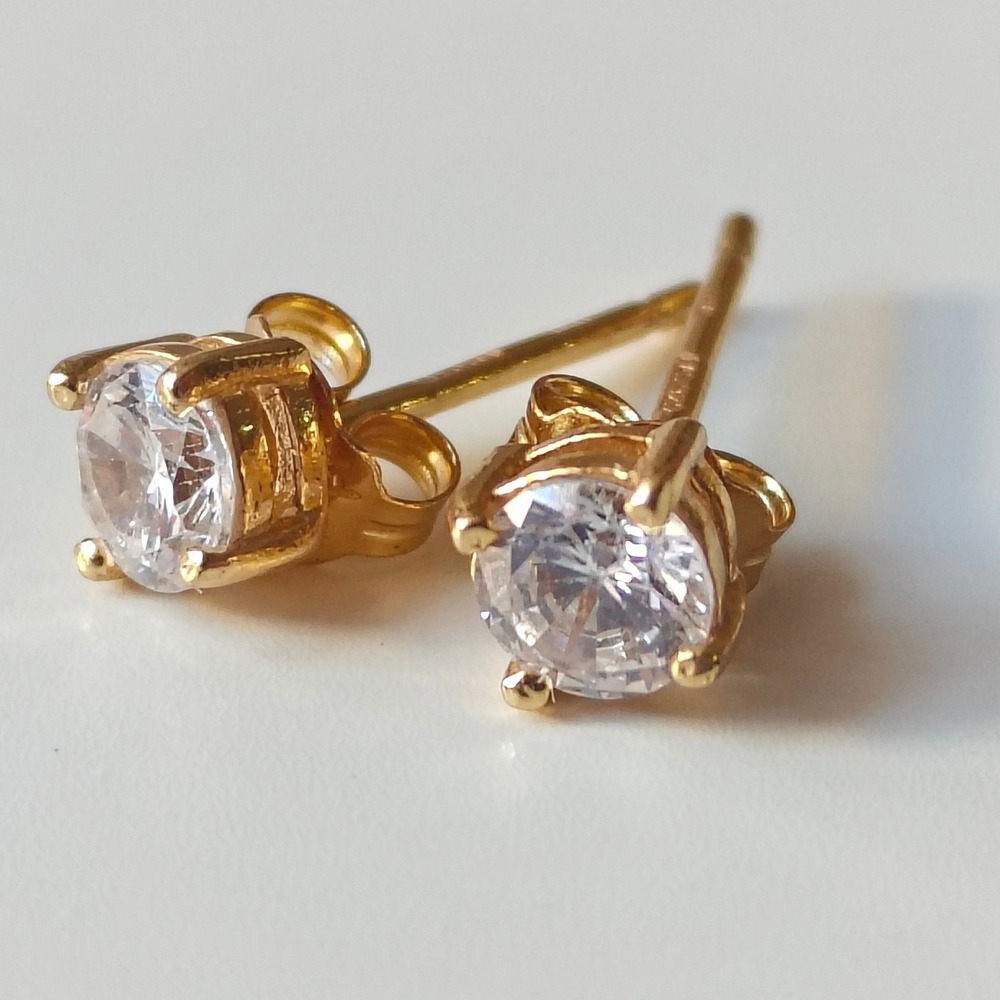 Vintage FAS 925 Sterling Silver Gold Plated Round Clear Stone Stud Earrings 4mm